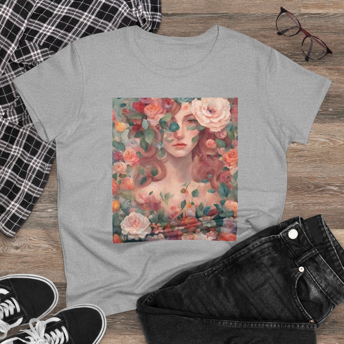 Women's Midweight Cotton Tee Surrounded by Roses
