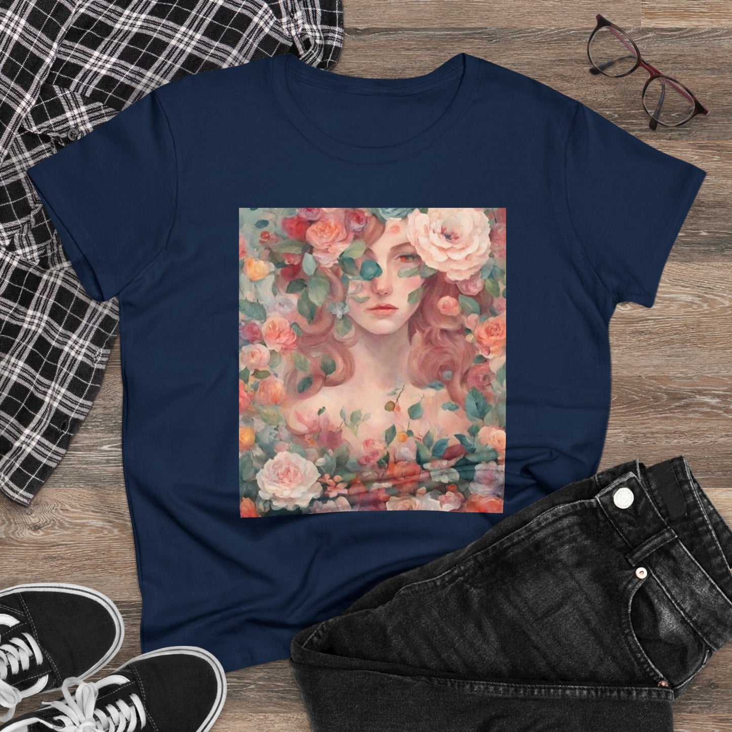 Women's Midweight Cotton Tee Surrounded by Roses