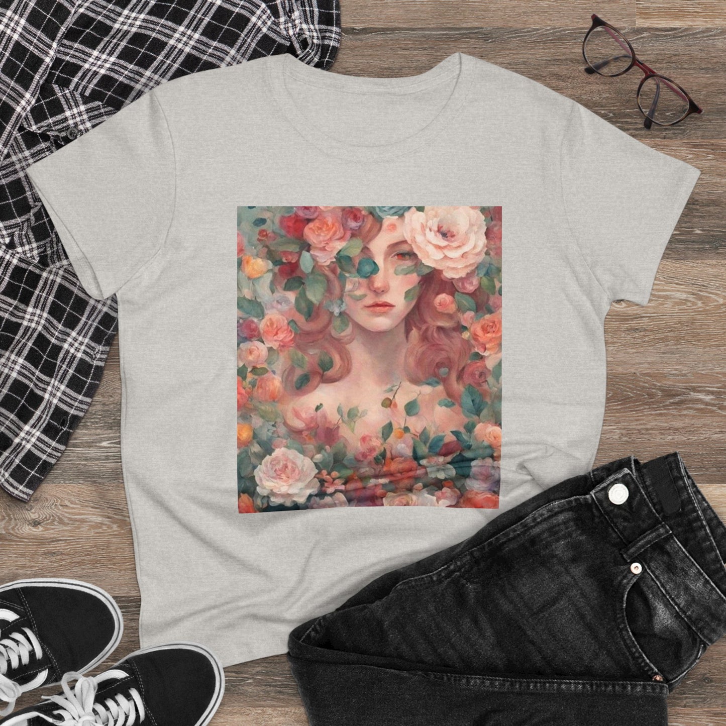 Women's Midweight Cotton Tee Surrounded by Roses