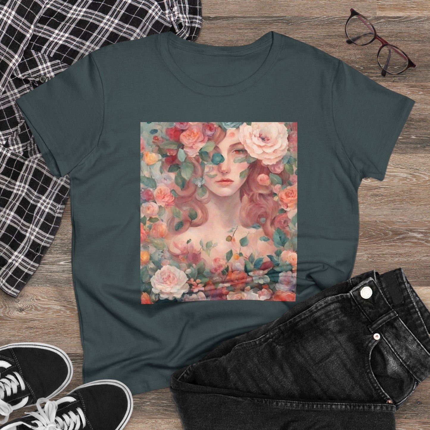 Women's Midweight Cotton Tee Surrounded by Roses