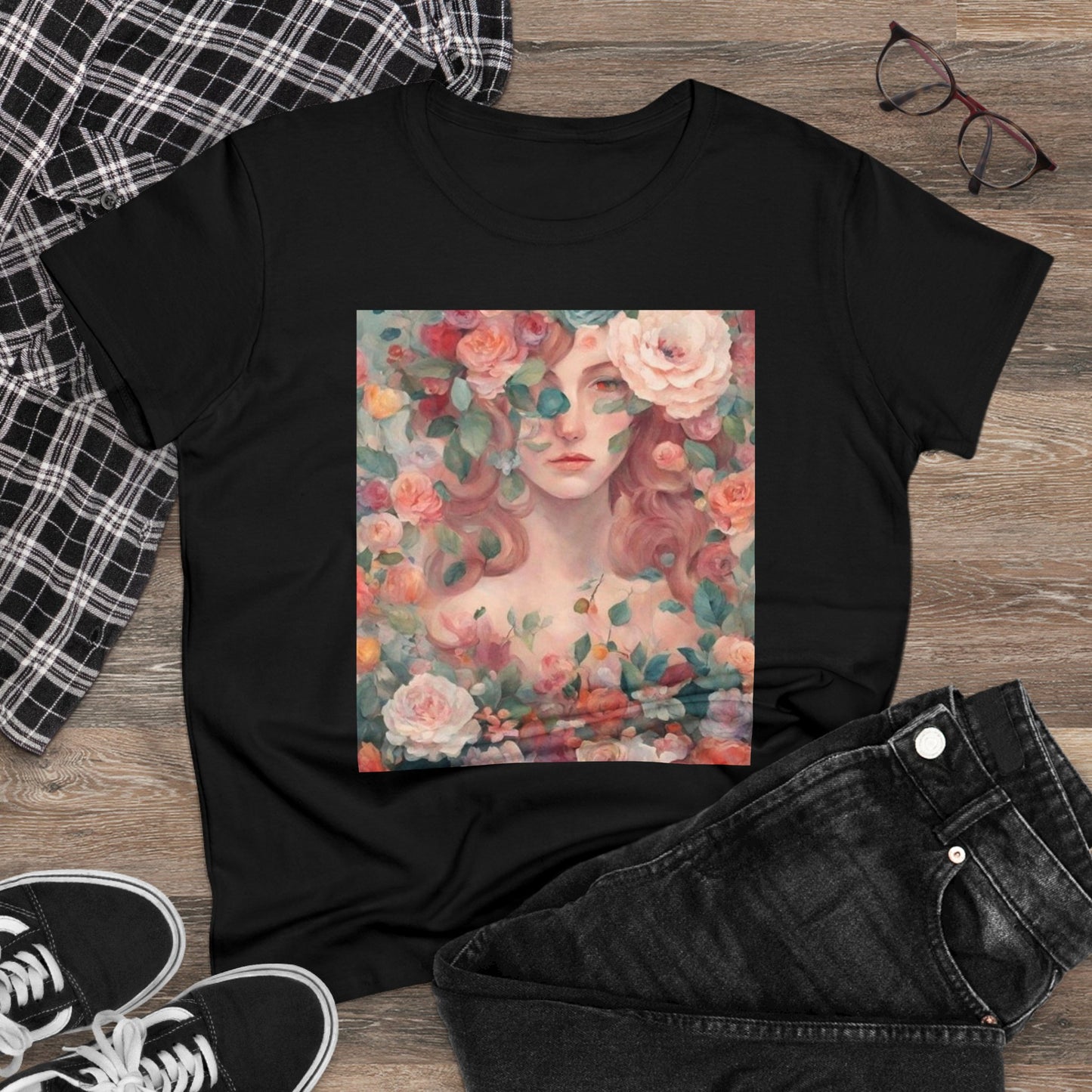 Women's Midweight Cotton Tee Surrounded by Roses