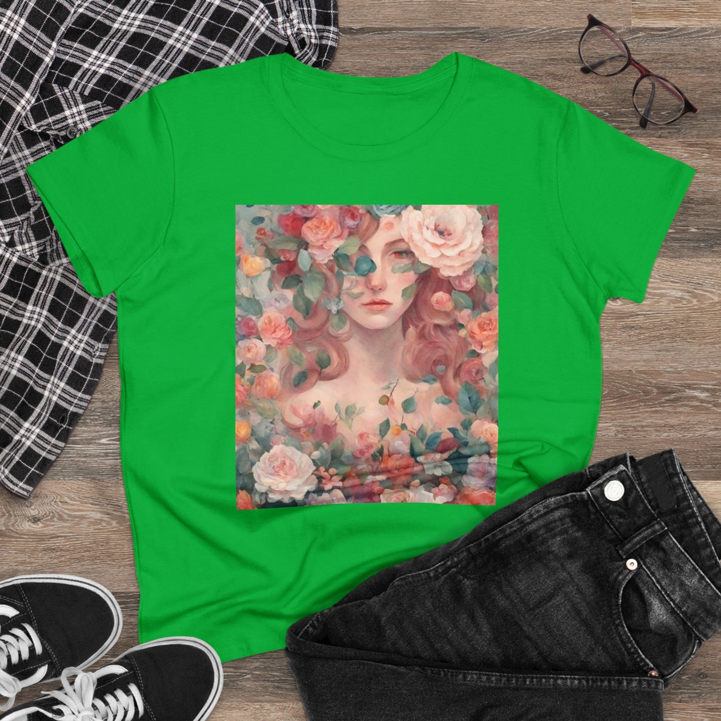 Women's Midweight Cotton Tee Surrounded by Roses