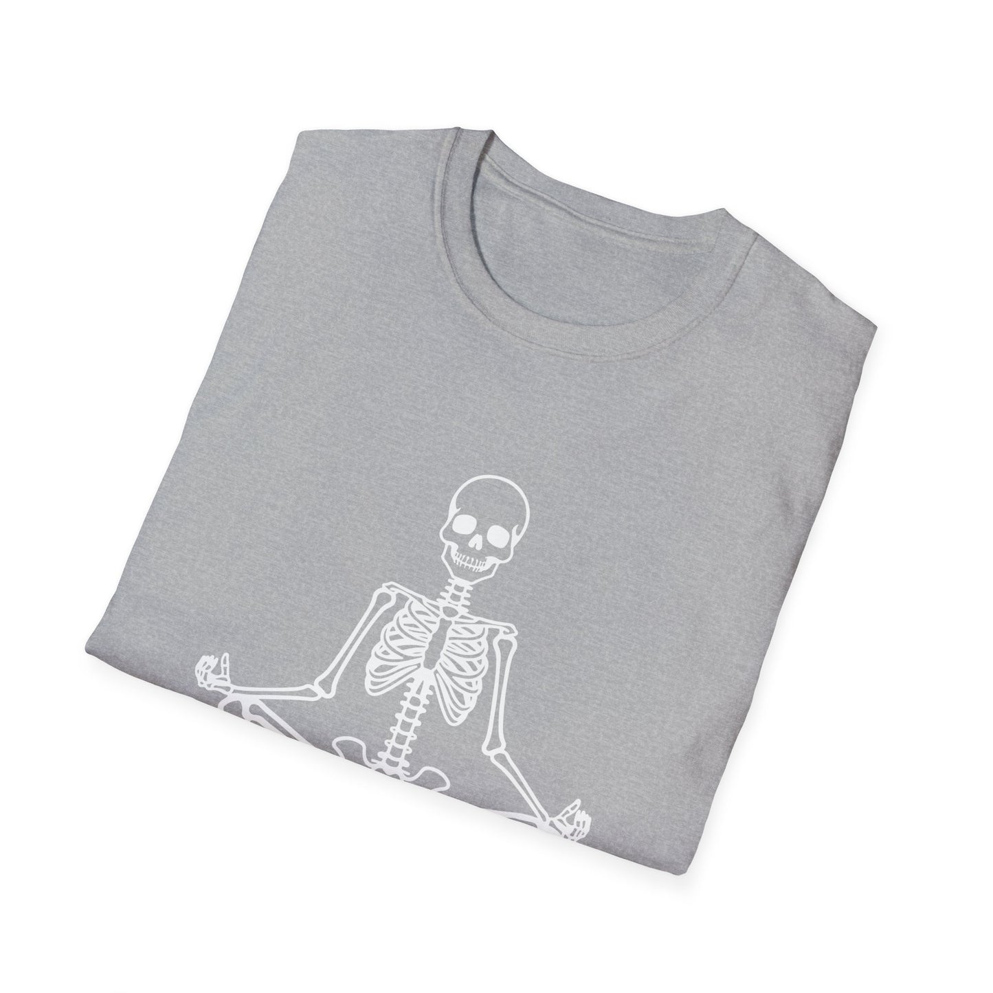 Unisex Softstyle Tee, Chill Halloween Vibes Meditating Skeleton