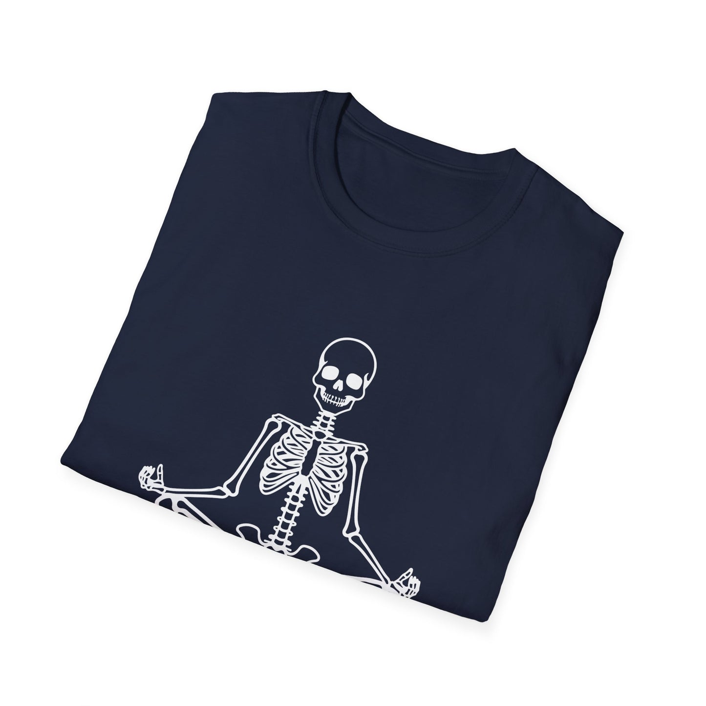 Unisex Softstyle Tee, Chill Halloween Vibes Meditating Skeleton