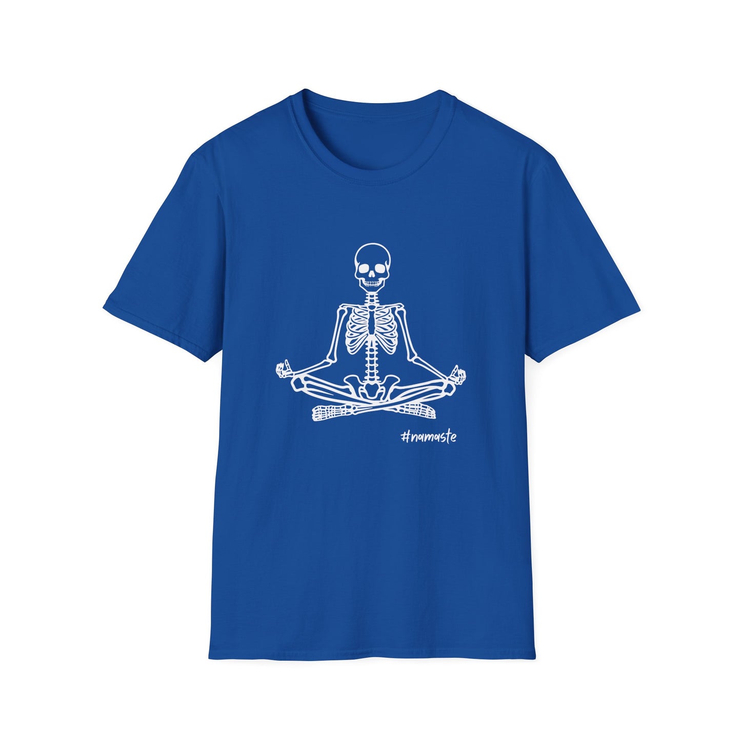 Unisex Softstyle Tee, Chill Halloween Vibes Meditating Skeleton