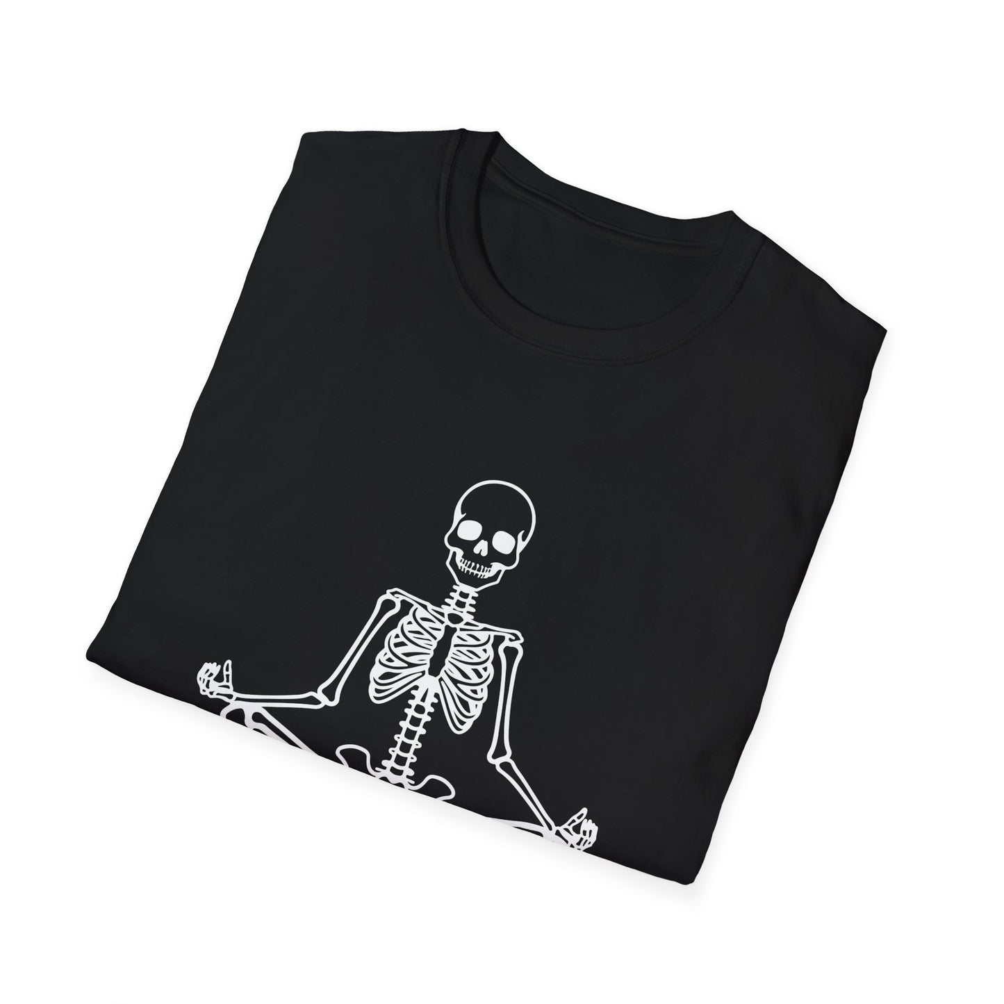 Unisex Softstyle Tee, Chill Halloween Vibes Meditating Skeleton