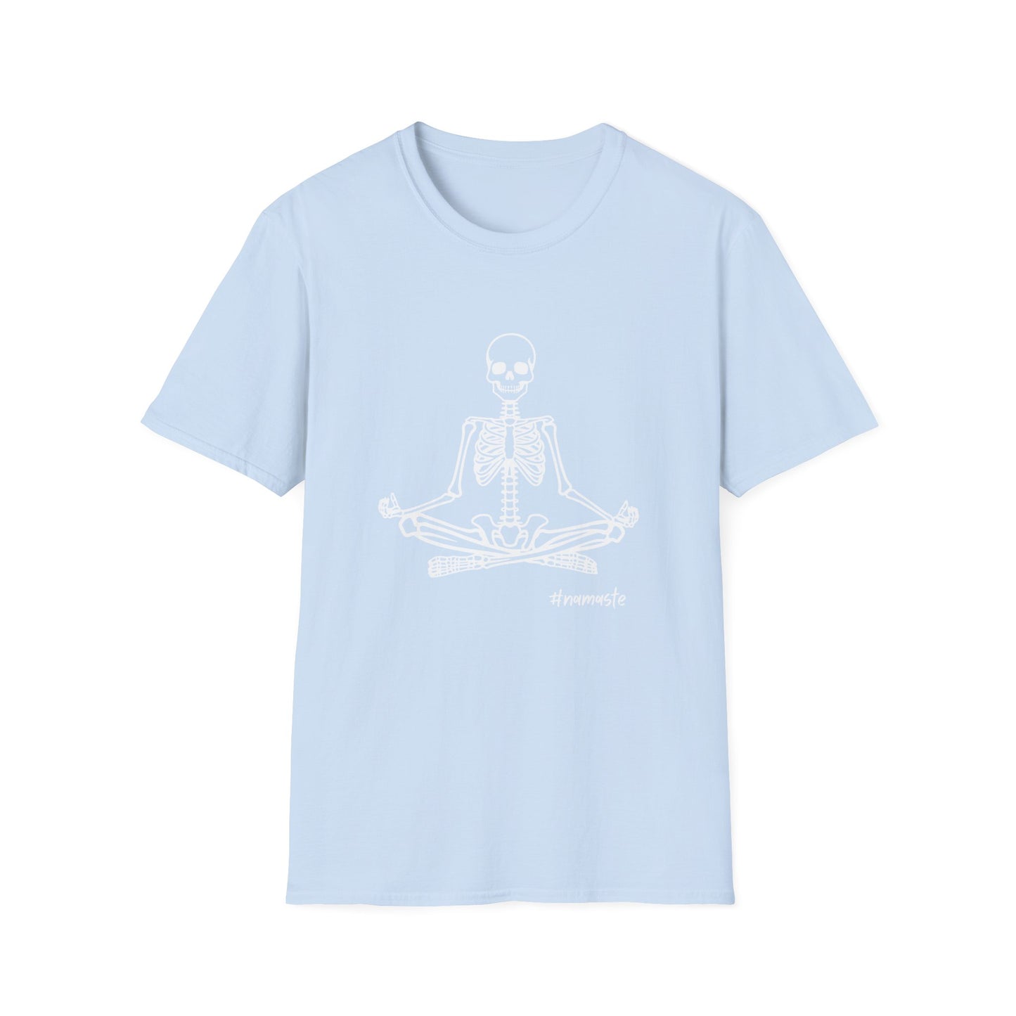 Unisex Softstyle Tee, Chill Halloween Vibes Meditating Skeleton