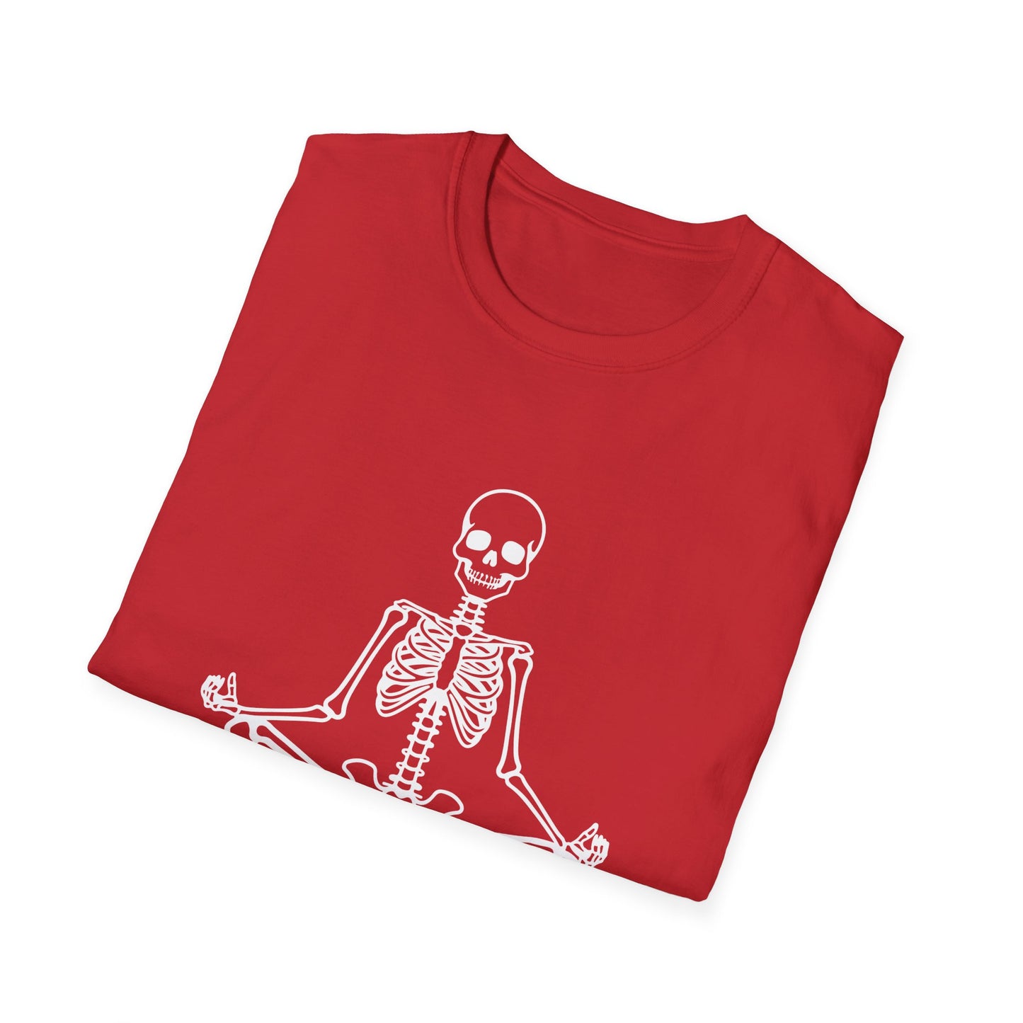 Unisex Softstyle Tee, Chill Halloween Vibes Meditating Skeleton