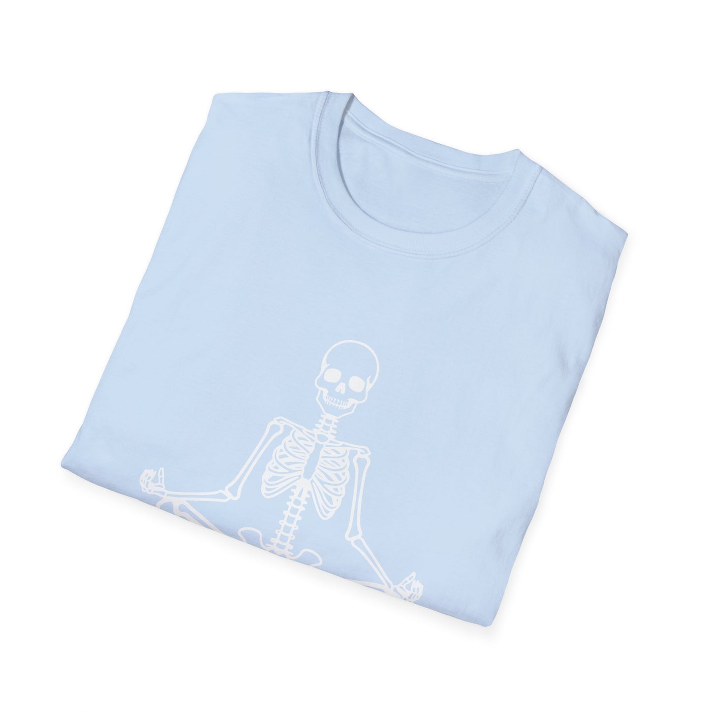 Unisex Softstyle Tee, Chill Halloween Vibes Meditating Skeleton