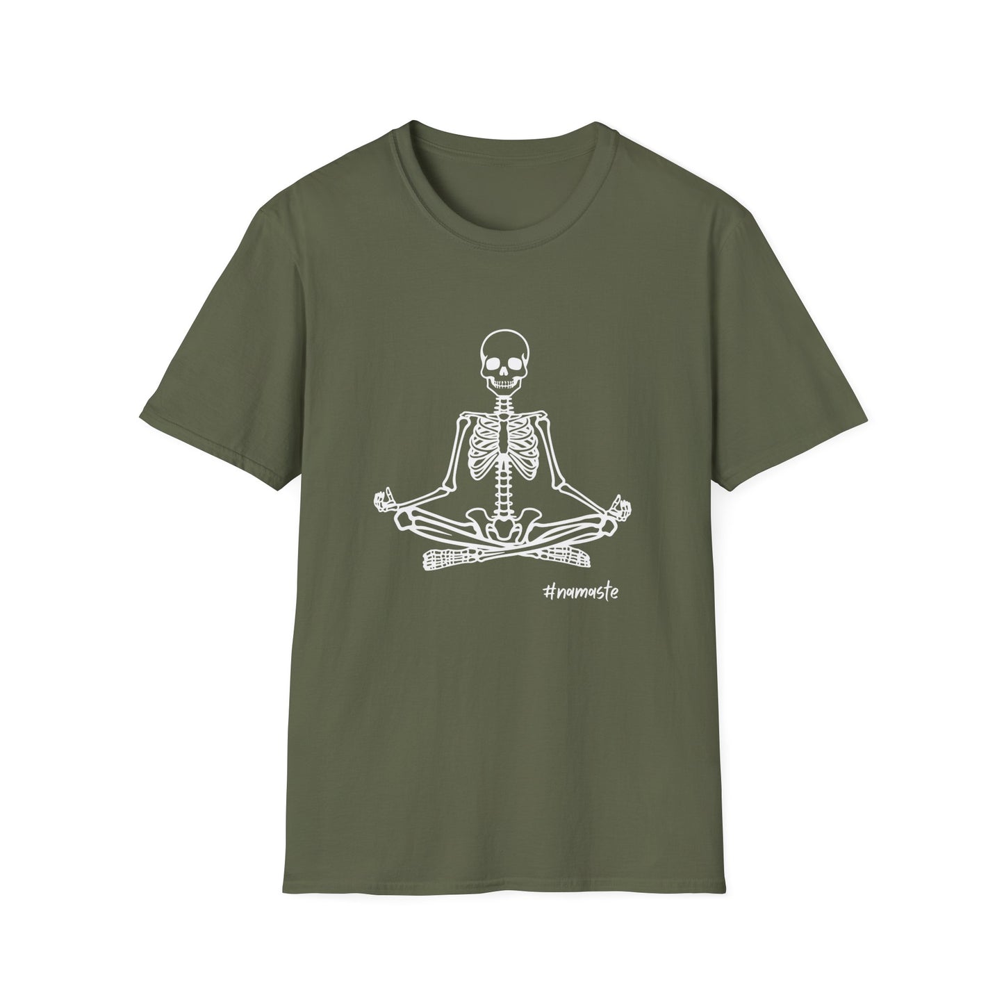 Unisex Softstyle Tee, Chill Halloween Vibes Meditating Skeleton