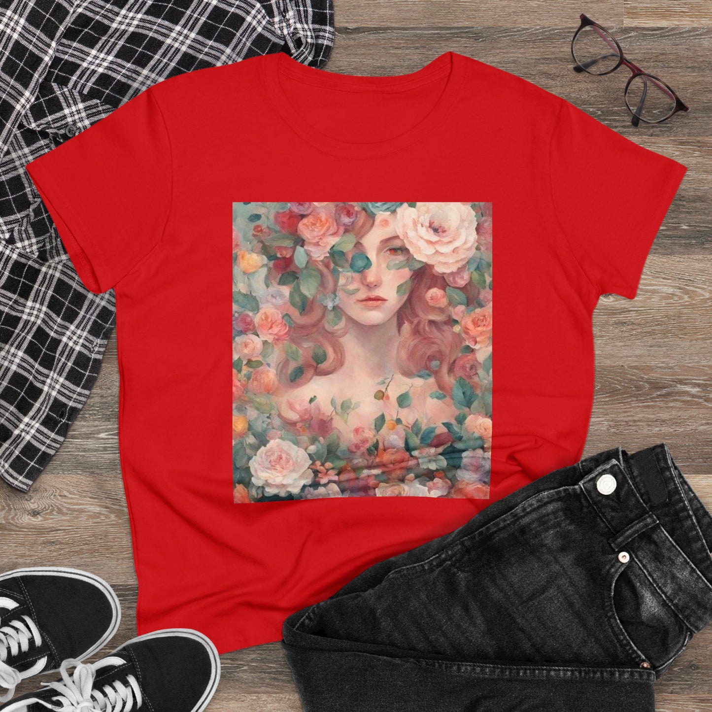 Women's Midweight Cotton Tee Surrounded by Roses