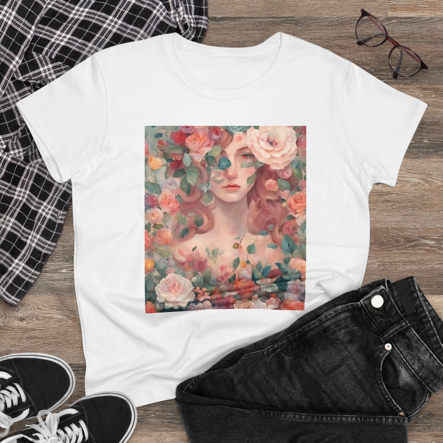 Women's Midweight Cotton Tee Surrounded by Roses
