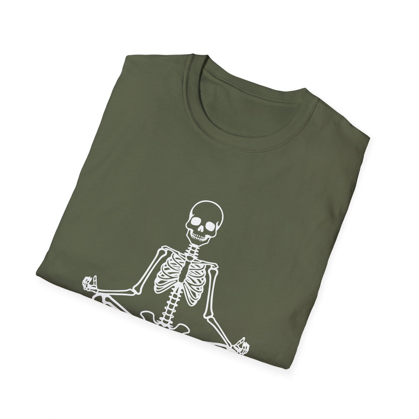 Unisex Softstyle Tee, Chill Halloween Vibes Meditating Skeleton