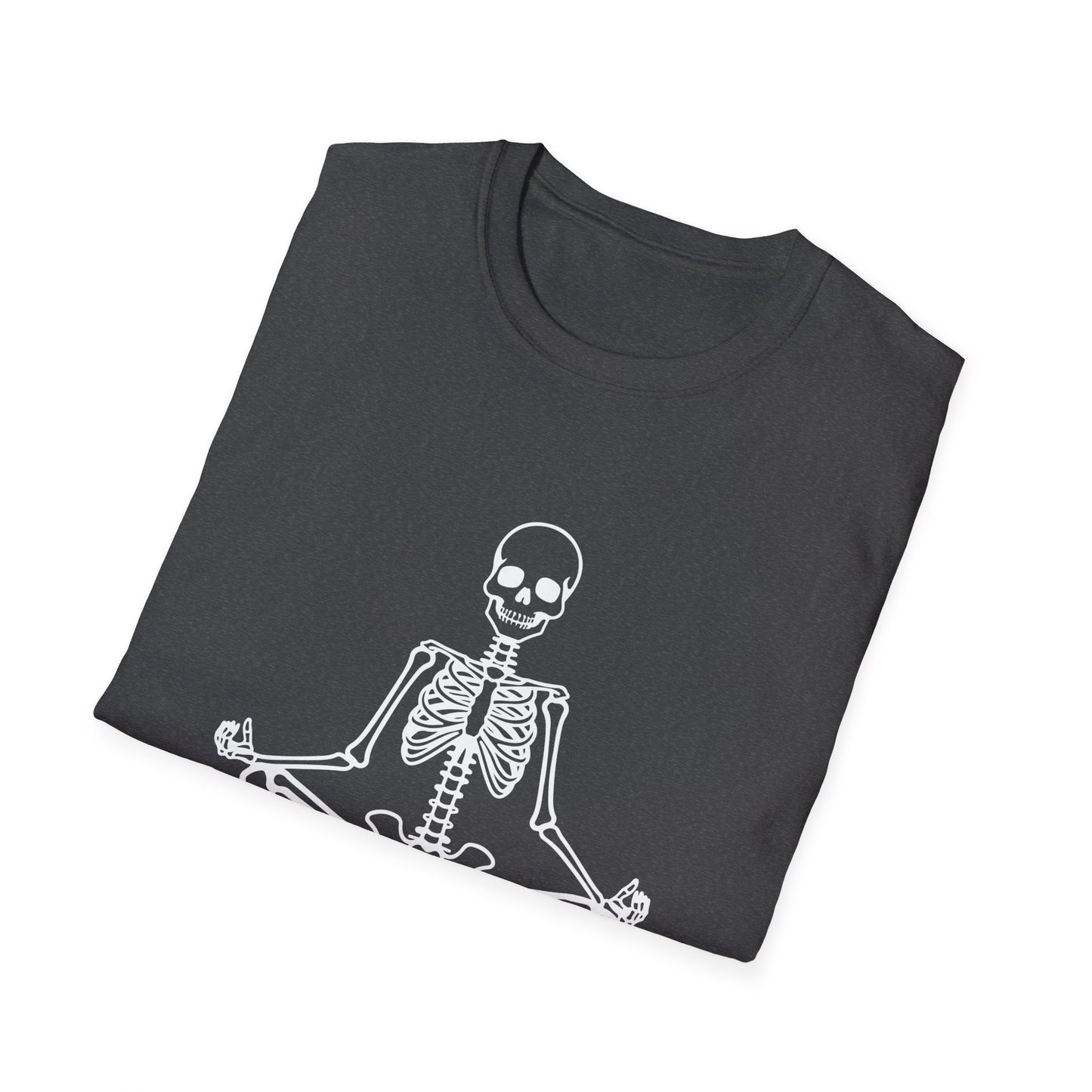 Unisex Softstyle Tee, Chill Halloween Vibes Meditating Skeleton