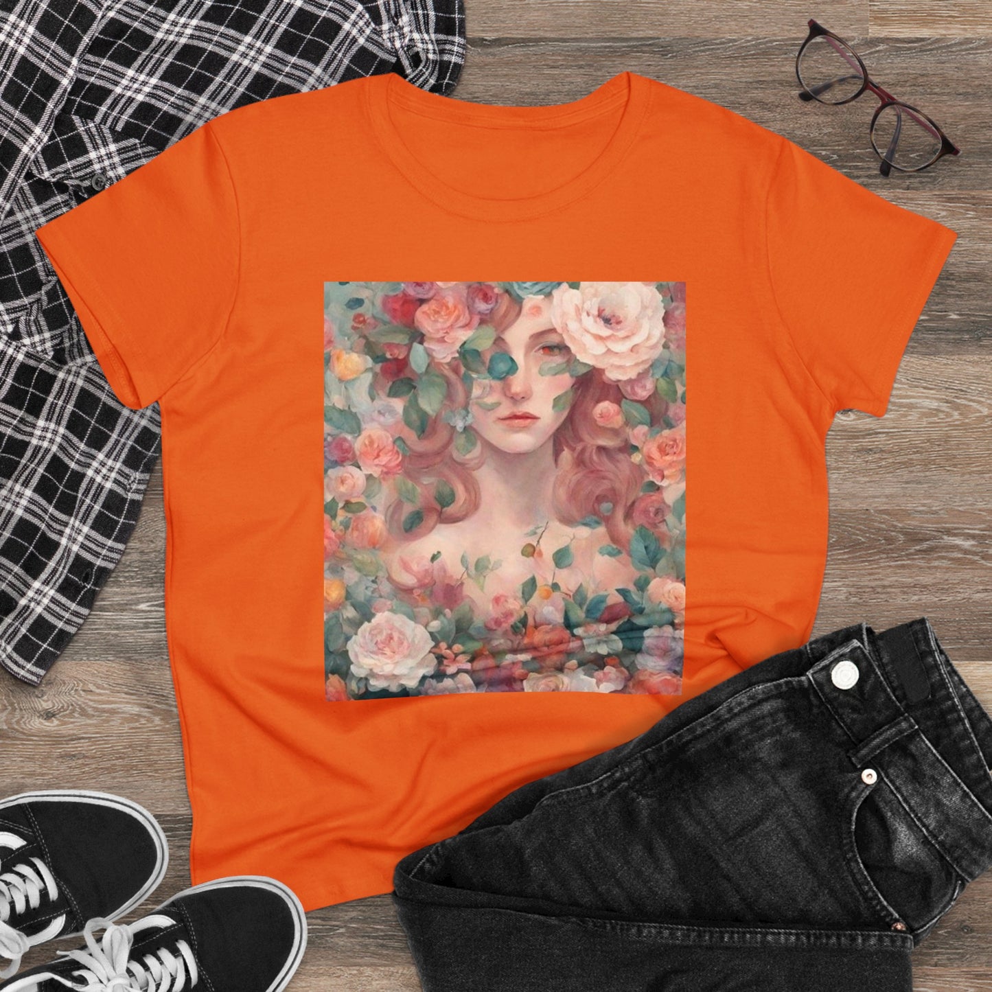Women's Midweight Cotton Tee Surrounded by Roses